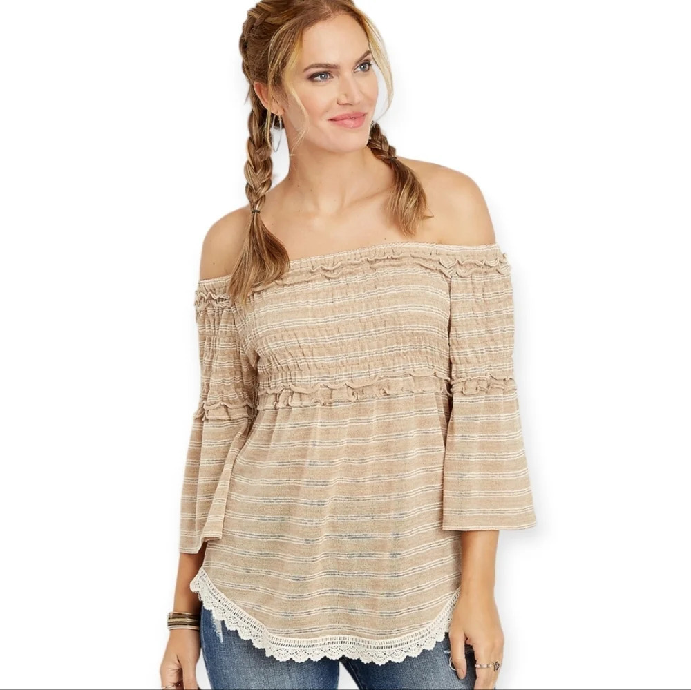 NWT Maurice's Tan White Stiped Smocked Off the Shoulder Top Lace Women 1 Boho